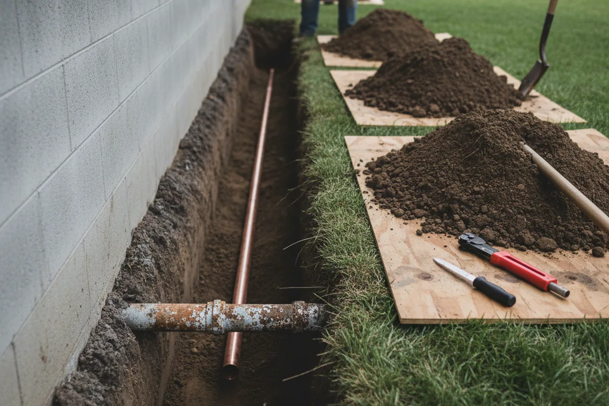 Excavated water line trench during Sewer Line Repair in Alcova